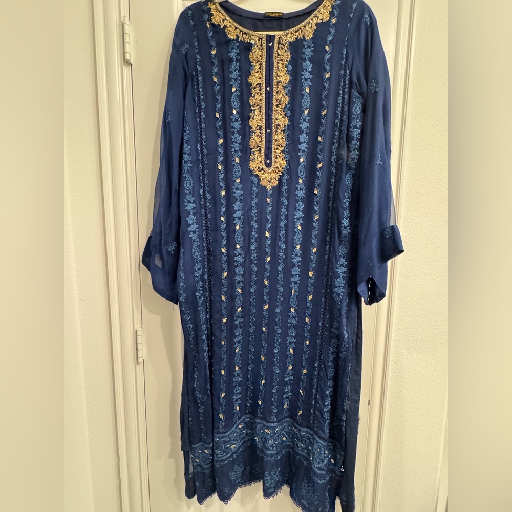 Agha Noor Elegant Blue and Gold Embroidered Dress